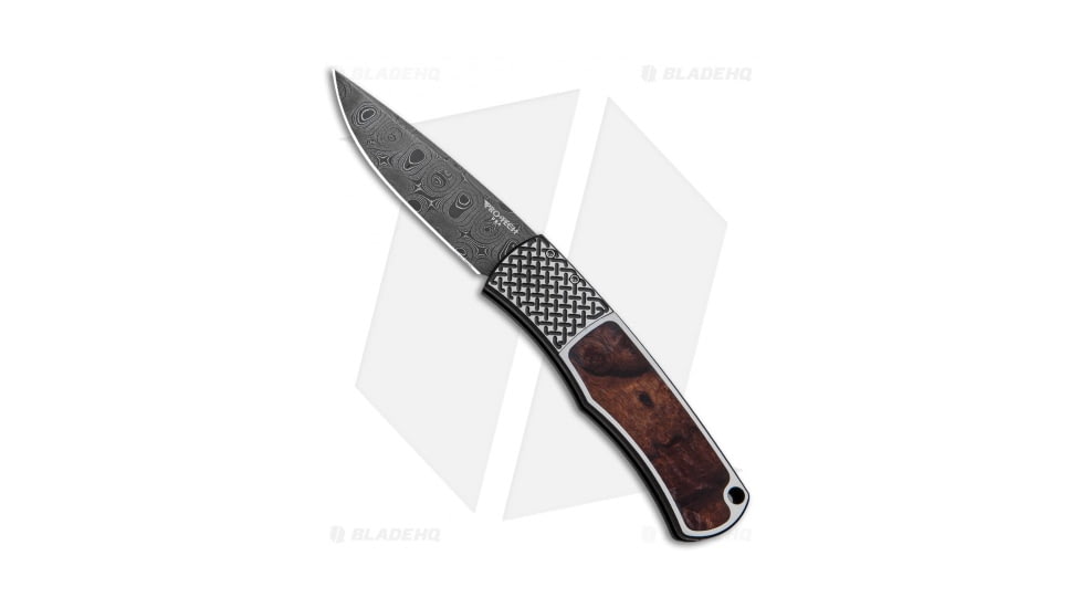 Pro-Tech Knives Magic BR-1 Whiskers Custom Automatic Folding Knife, 3.125in, Damascus, Drop Point Blade, Wood, Wood Handle, Wood/Black, 7.25 inch, BHQ-68226
