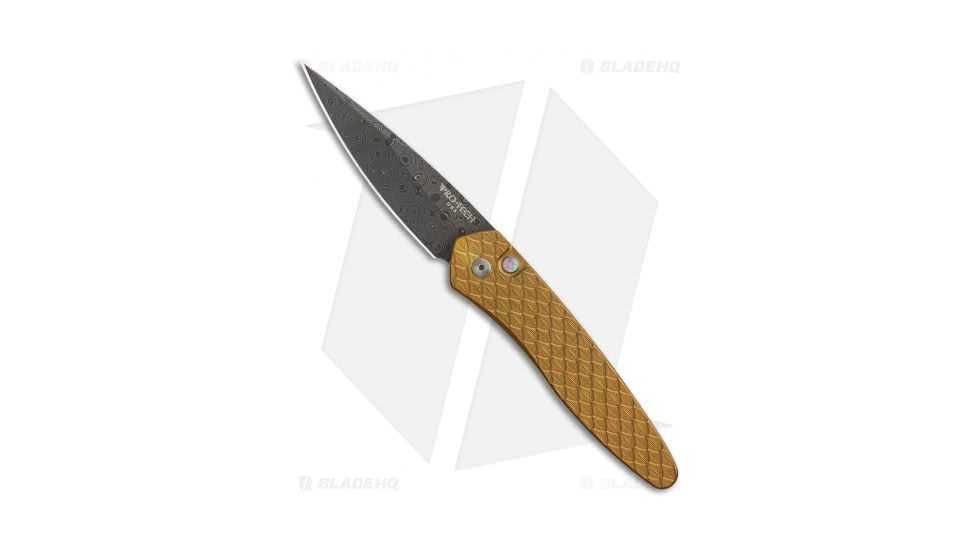 Pro-Tech Knives Newport Custom Automatic Folding Knife, 3.00in, Damascus, Spear Point Blade, Stainless Steel, Copper/Rose Handle, Steel, Copper/Rose/Black, 7.125 inch, BHQ-83455