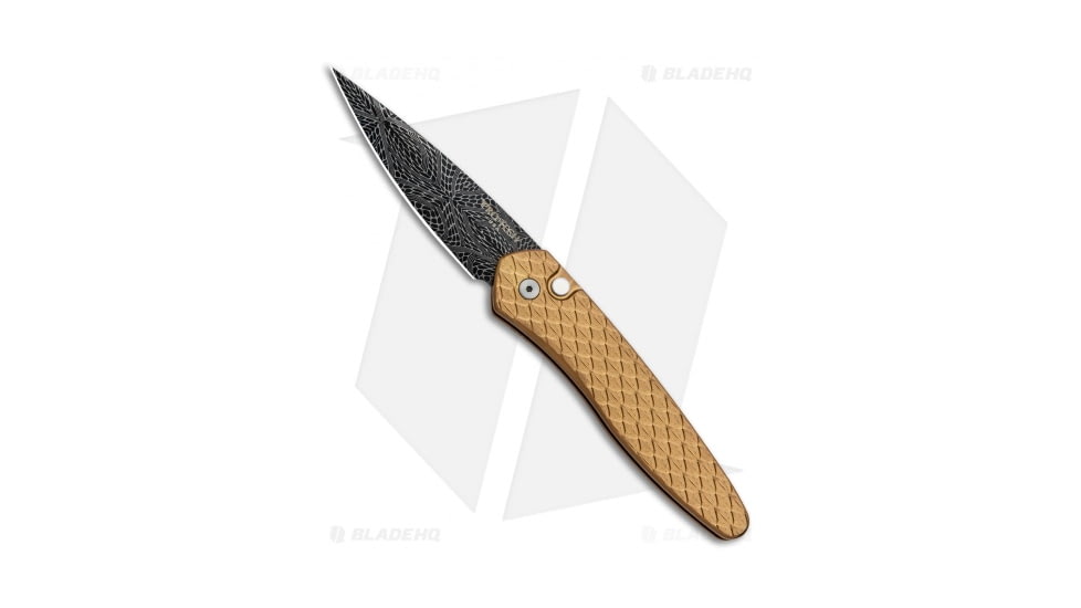 Pro-Tech Knives Newport Custom Automatic Folding Knife, 3.00in, Damascus, Spear Point Blade, Stainless Steel, Copper/Rose Handle, Damascus, Copper/Rose/Black, 7.125 inch, BHQ-88612