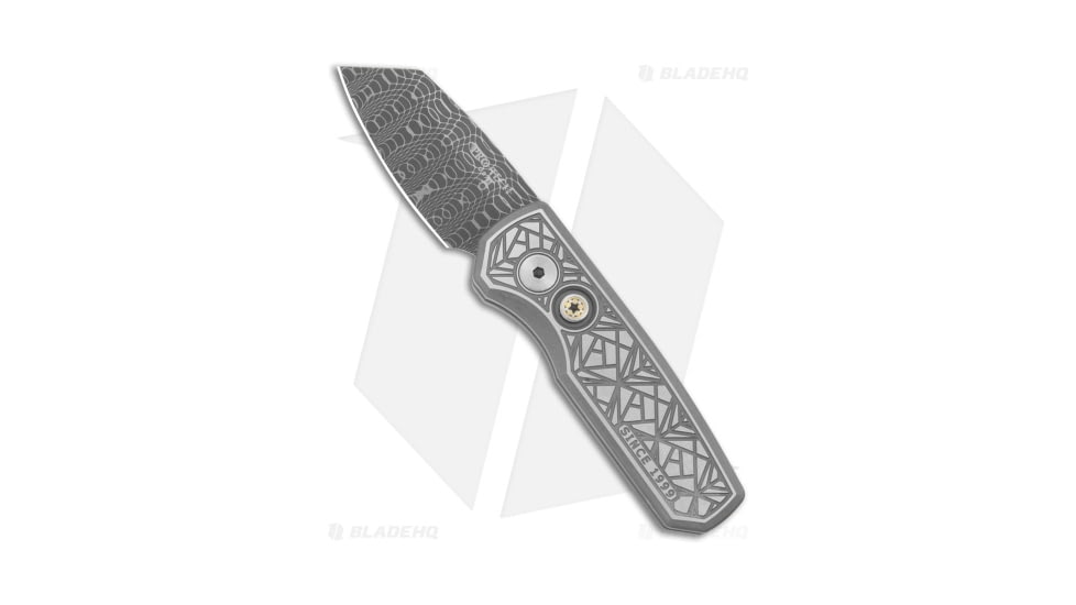 Pro-Tech Knives Runt CA Legal Automatic Folding Knife, 1.96in, Damascus, Reverse Tanto Blade, Steel, Gray Handle, Textured, Gray/Black, 5.12 inch, BHQ-195117