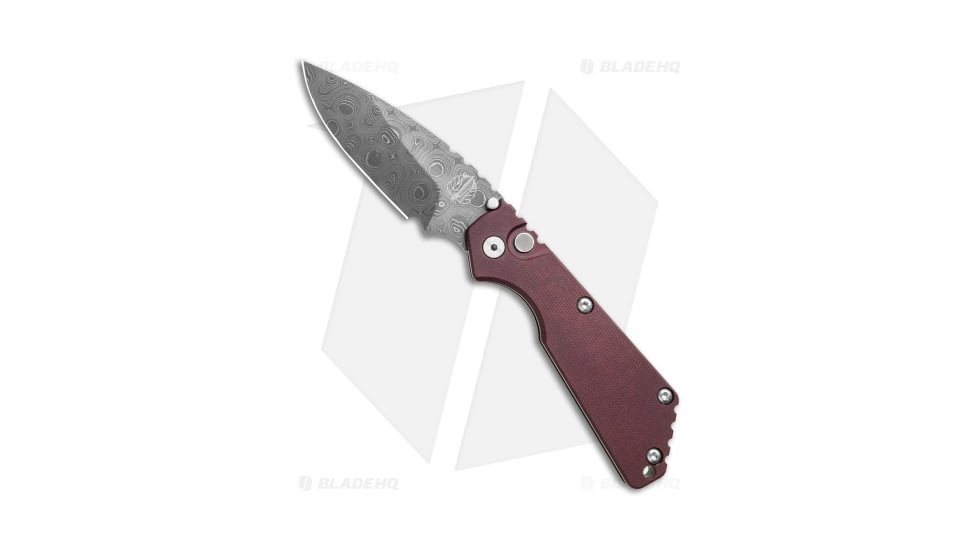 Pro-Tech Knives Strider + SnG Automatic Folding Knife, 3.50in, Damascus, Drop Point Blade, Aluminum, Micarta, Red Handle, Smooth Burgundy, Red/Black, 8.25 inch, BHQ-115718