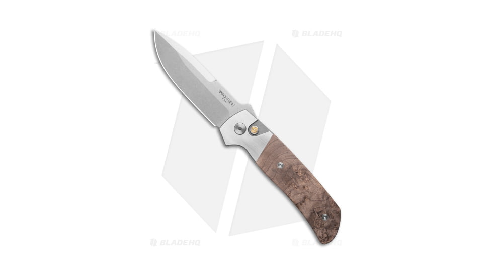 Pro-Tech Knives Terzuola ATCF Custom Automatic Folding Knife, 3.50in, CPM MagnaCut, Drop Point Blade, Steel, Wood, Gray/Brown Handle, Gray/Brown/Gray, 7.90 inch, BHQ-185880