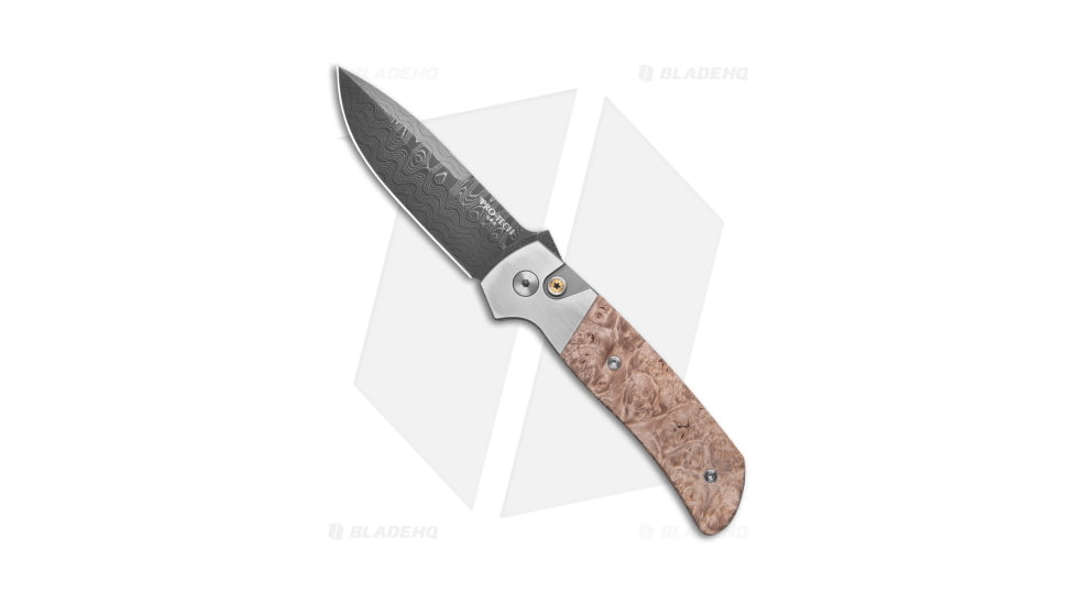 Pro-Tech Knives Terzuola ATCF Custom Automatic Folding Knife, 3.50in, Damascus, Drop Point Blade, Steel, Wood, Gray/Brown Handle, Gray/Brown/Black, 7.90 inch, BHQ-185882