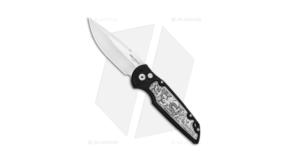 Pro-Tech Knives TR-3 Shaw Steampunk Automatic Folding Knife, 3.375in, 154CM, Drop Point Blade, Aluminum, Black Handle, Black/Gray, 8.00 inch, BHQ-79348