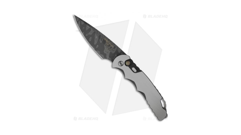 Pro-Tech Knives TR-4 Steel Custom Tactical Response Automatic Folding Knife, 4.00in, Damascus, Drop Point Blade, Stainless Steel, Gray Handle, Gray/Black, 9.25 inch, BHQ-17862