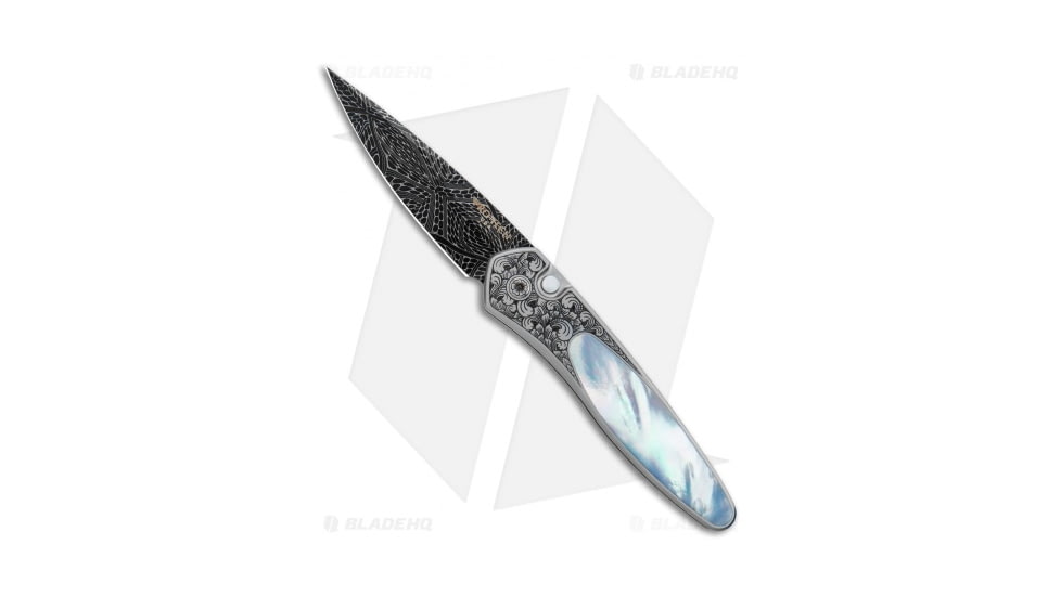 Pro-Tech Knives Ultimate Custom Newport Automatic Folding Knife, 3.00in, Damascus, Spear Point Blade, Mother of Pearl, Gray/White Handle, MOP/Steel Shaw Engraving, Gray/White/Black, 7.125 inch, BHQ-104756