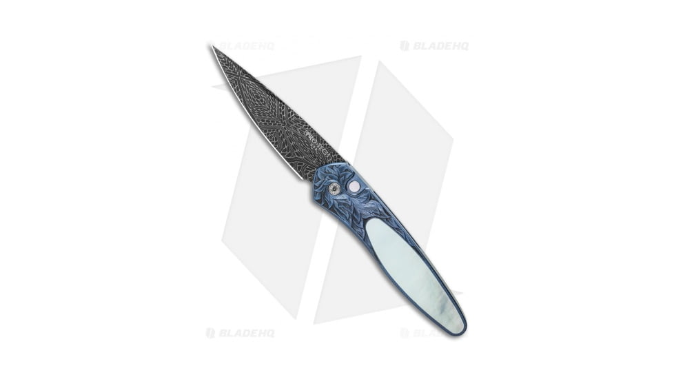 Pro-Tech Knives Ultimate Custom Newport Automatic Folding Knife, 3.00in, Damascus, Spear Point Blade, Titanium, Blue Handle, MOP/Andrew Adams Engraving, Blue/Black, 7.125 inch, BHQ-122891