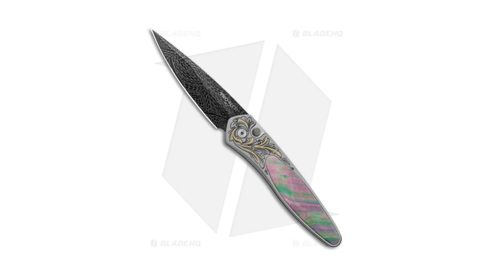 Pro-Tech Knives Ultimate Custom Newport Automatic Folding Knife, 3.00in, Damascus, Spear Point Blade, Titanium, Bronze Handle, Ti 24K Gold Engraved, Bronze/Black, 7.125 inch, BHQ-131642