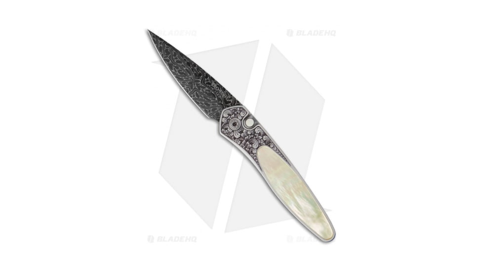 Pro-Tech Knives Ultimate Custom Newport Automatic Folding Knife, 3.00in, Damascus, Spear Point Blade, Mother of Pearl, Gray/White Handle, Gold Lip Pearl, Gray/White/Black, 7.125 inch, BHQ-19863
