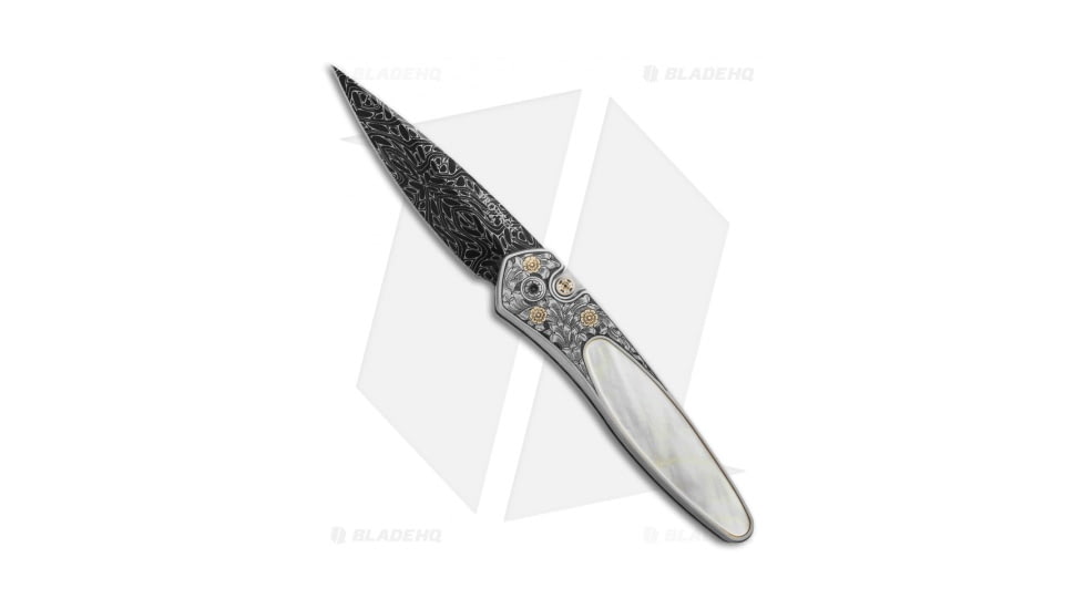 Pro-Tech Knives Ultimate Custom Newport Automatic Folding Knife, 3.00in, Damascus, Spear Point Blade, Mother of Pearl, Gray/White Handle, Lip Pearl/Gold, Gray/White/Black, 7.125 inch, BHQ-19864