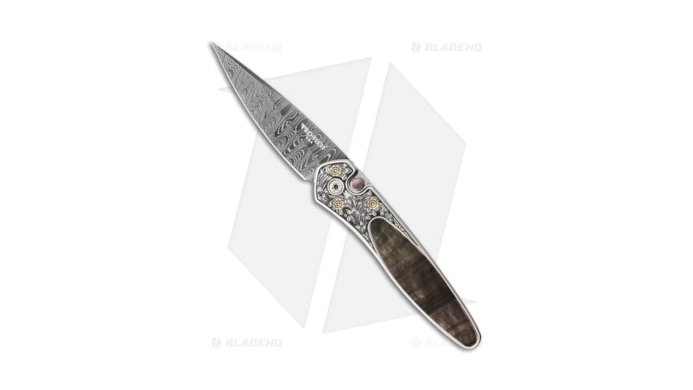 Pro-Tech Knives Ultimate Custom Newport Automatic Folding Knife, 3.00in, Damascus, Spear Point Blade, Mother of Pearl, Gray/White Handle, Pearl/Gold, Gray/White/Black, 7.125 inch, BHQ-30309