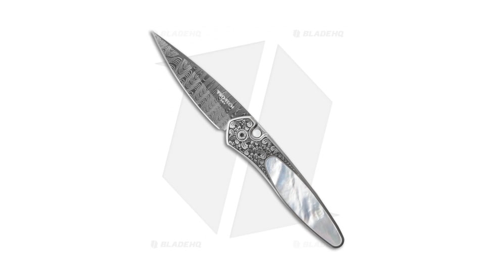 Pro-Tech Knives Ultimate Custom Newport Automatic Folding Knife, 3.00in, Damascus, Spear Point Blade, Mother of Pearl, Gray/White Handle, Standard, Gray/White/Black, 7.125 inch, BHQ-30310