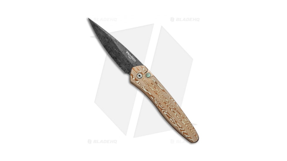 Pro-Tech Knives Ultimate Custom Newport Automatic Folding Knife, 3.00in, Damascus, Spear Point Blade, Mokume, Gold Handle, Standard, Gold/Black, 7.125 inch, BHQ-48980