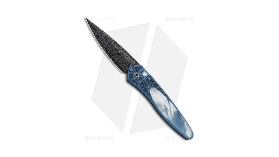 Pro-Tech Knives Ultimate Custom Newport Automatic Folding Knife, 3.00in, Damascus, Spear Point Blade, Titanium, Blue Handle, Ti w/ Gold Lip Pearl, Blue/Black, 7.125 inch, BHQ-49065