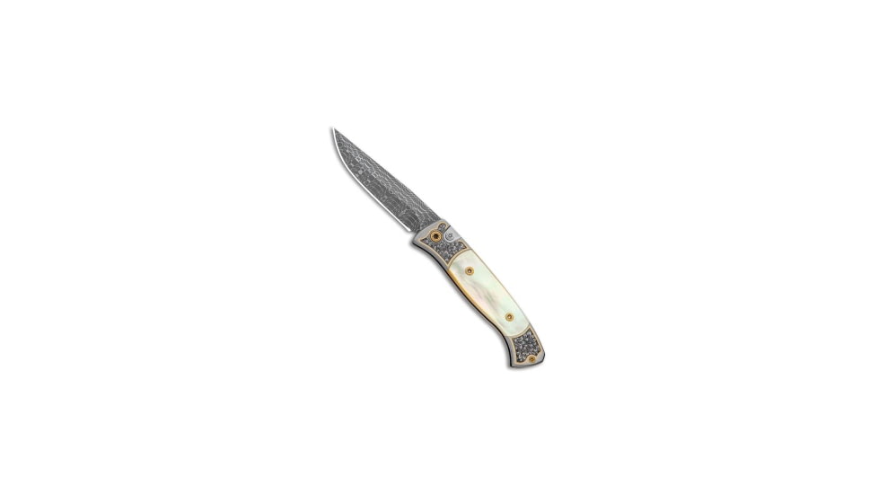 Pro-Tech Knives Brend 2 Small Automatic Folding Knife, 2.90in, Damascus, Clip Point Blade, Mother of Pearl, Gold/Gray Handle, Gold/Gray/Black, 6.60 inch, BHQ-9492