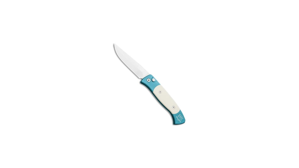 Pro-Tech Knives Brend 2 Small Automatic Folding Knife, 2.90in, 154CM, Clip Point Blade, Micarta, Teal/White Handle, Teal/White/Gray, 6.60 inch, BHQ-106160