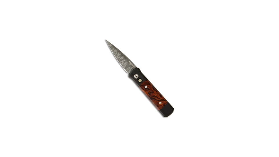 Pro-Tech Knives Custom Godson Automatic Folding Knife, 3.15in, Damascus, Spear Point Blade, Ironwood, Black/Wood Handle, w/ Ironwood, 750-DIW, Black/Wood/Black, 7.56 inch, BHQ-9455