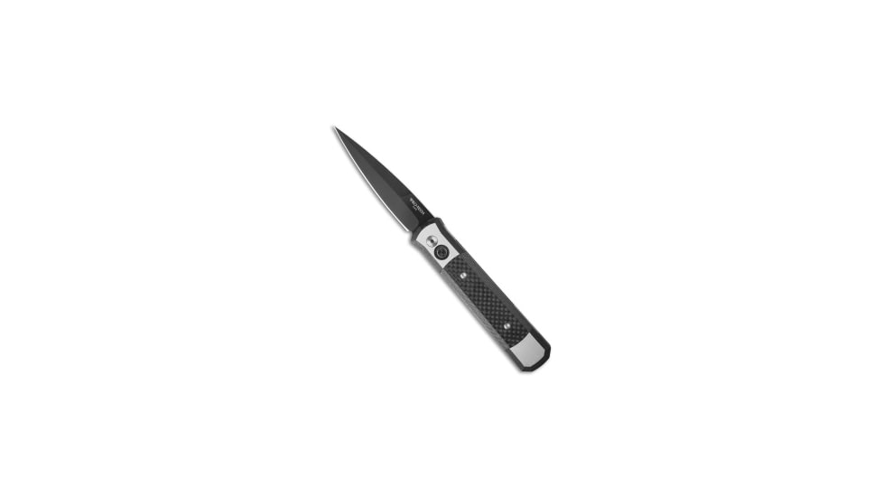 Pro-Tech Knives Custom Steel Godfather Automatic Folding Knife, 4.00in, 154CM, Spear Point Blade, Carbon Fiber, Black/Gray Handle, Black/Gray/Black, 9.25 inch, BHQ-25485