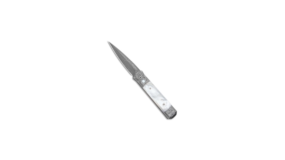 Pro-Tech Knives Godfather Ultimate Custom Automatic Folding Knife, 4.00in, Damascus, Spear Point Blade, Mother of Pearl, Gray/White Handle, Steel, Gray/White/Black, 9.25 inch, BHQ-99247