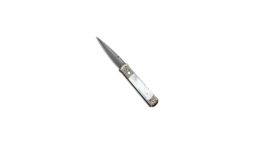Pro-Tech Knives Godfather Ultimate Custom Automatic Folding Knife, 4.00in, Damascus, Spear Point Blade, Titanium, Bronze/White Handle, Mother of Pearl, Bronze/White/Black, 9.25 inch, BHQ-71638