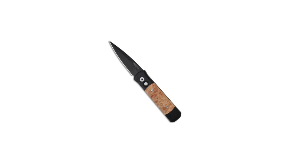 Pro-Tech Knives Godson Automatic Folding Knife, 3.15in, 154CM, Spear Point Blade, Maple, Black/Wood Handle, Maple Burl, Black/Wood/Black, 7.56 inch, BHQ-3999