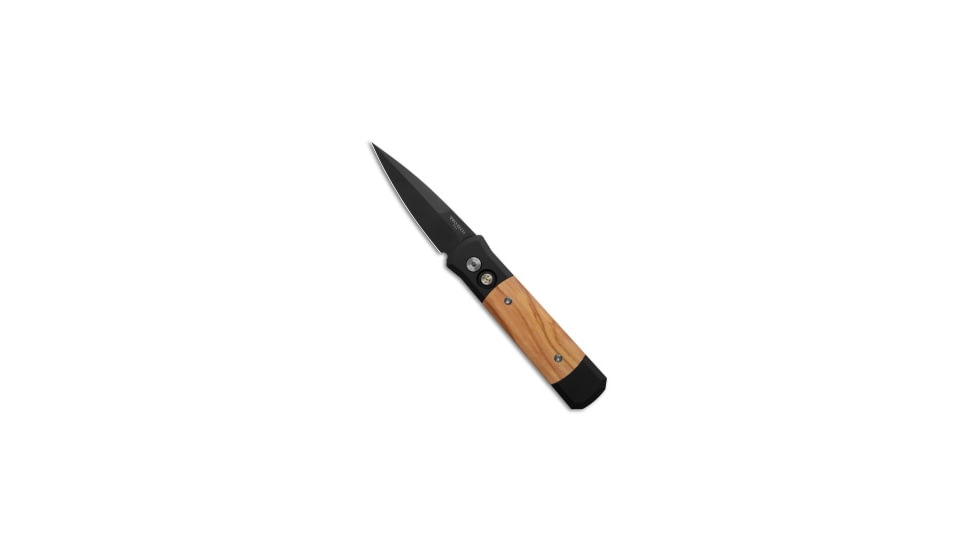 Pro-Tech Knives Godson Automatic Folding Knife, 3.15in, 154CM, Spear Point Blade, Aluminum, Wood, Black/Wood Handle, Olive Wood, Black/Wood/Black, 7.56 inch, BHQ-193381