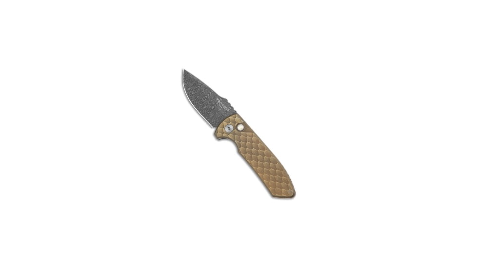 Pro-Tech Knives Les George SBR Automatic Folding Knife, 2.625in, Damascus, Drop Point Blade, Titanium, Blue/Bronze Handle, Bronze/Blue Double Feather Ti, Damascus, Blue/Bronze/Black, 6.50 inch, BHQ-191507