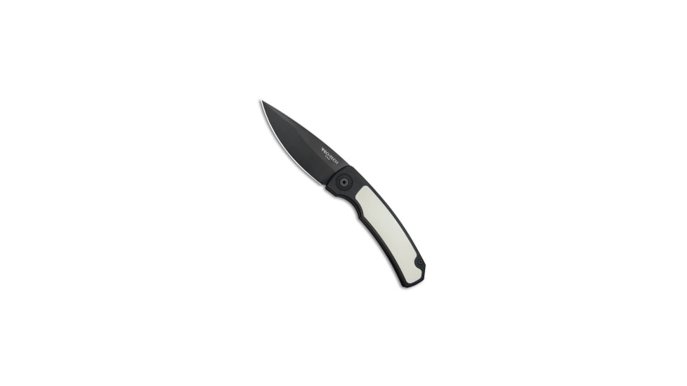 Pro-Tech Knives Magic 2 Whiskers Automatic Folding Knife, 3.75in, 154CM, Spear Point Blade, Aluminum, Micarta, Black/White Handle, Tuxedo, Black/White/Black, 8.625 inch, BHQ-80653