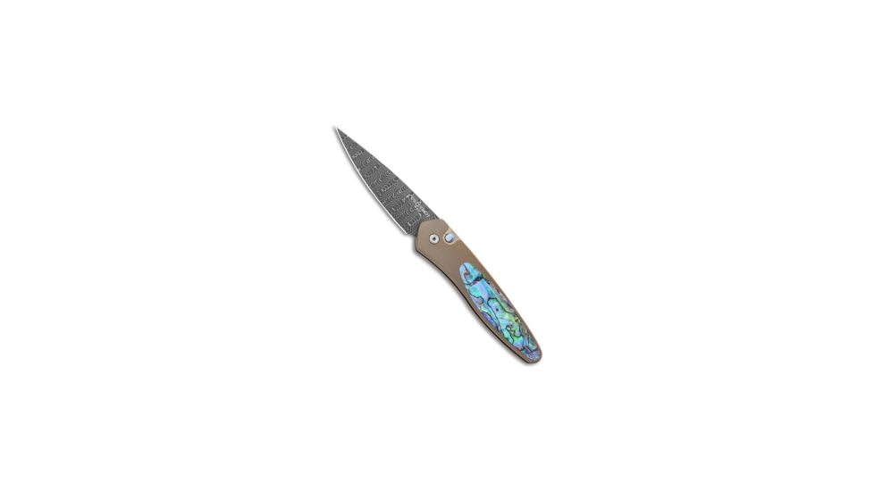 Pro-Tech Knives Newport Custom Automatic Folding Knife, 3.00in, Damascus, Spear Point Blade, Titanium, Bronze/Spectrum Handle, w/ Abalone, Bronze/Spectrum/Black, 7.13 inch, BHQ-207842
