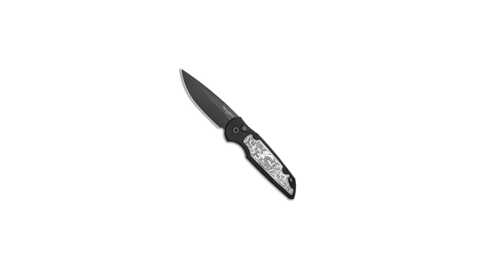 Pro-Tech Knives TR-3 Shaw Steampunk Automatic Folding Knife, 3.375in, 154CM, Drop Point Blade, Aluminum, Black Handle, Black/Black, 8.00 inch, BHQ-80656