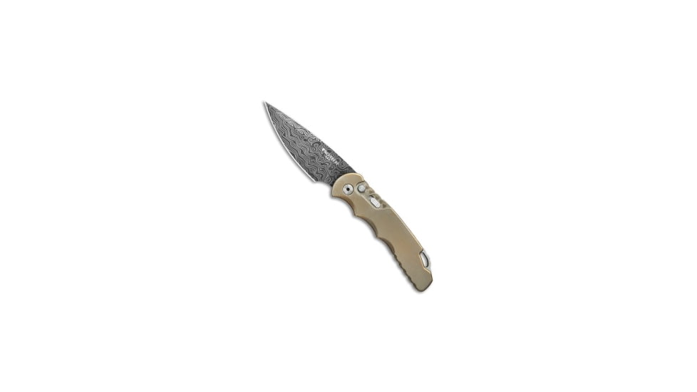 Pro-Tech Knives TR-5 Custom Automatic Folding Knife, 3.25in, Damascus, Drop Point Blade, Titanium, Bronze Handle, Bronze/Black, 7.625 inch, BHQ-80698