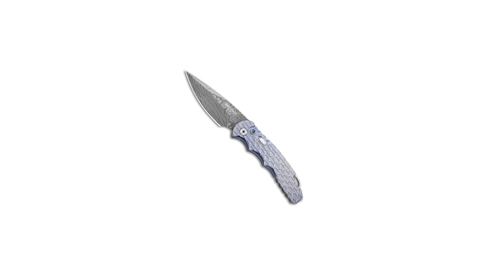 Pro-Tech Knives TR-5 Custom Automatic Folding Knife, 3.25in, Damascus, Drop Point Blade, Titanium, Purple Handle, Purple/Black, 7.625 inch, BHQ-80661