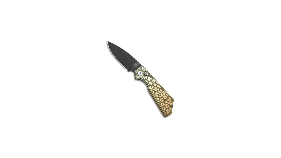 Pro-Tech Knives Strider + PT Custom Automatic Folding Knife, 3.00in, CPM MagnaCut, Drop Point Blade, Titanium, Gold Handle, Gridlock Texture Ti #6, Gold/Gray, 7.00 inch, BHQ-210945