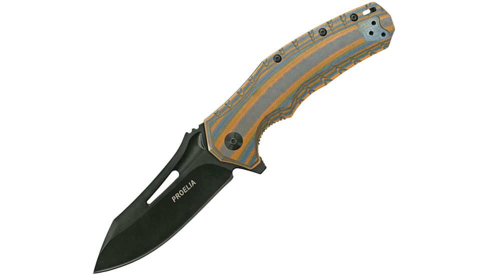 Proelia Linerlock Orange Gray Folding Knife,3.75in,Black D2 Tool Steel,Drop Point,Orange and Gray,G10 Handle TX020BRBK
