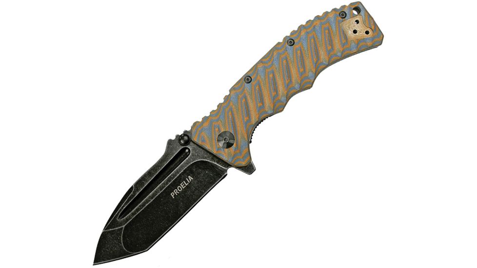 Proelia Linerlock Orange Gray Folding Knife,3.75in,Black Stonewash D2 Tool Steel,Tanto,Orange and Gray,G10 Handle TX010BRB