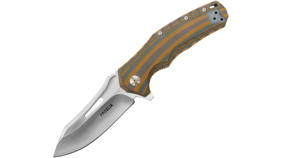 Proelia Linerlock Orange Gray Folding Knife,3.75in,D2 Tool Steel,Drop Point,Satin,Orange and Gray,G10 Handle TX020BRS