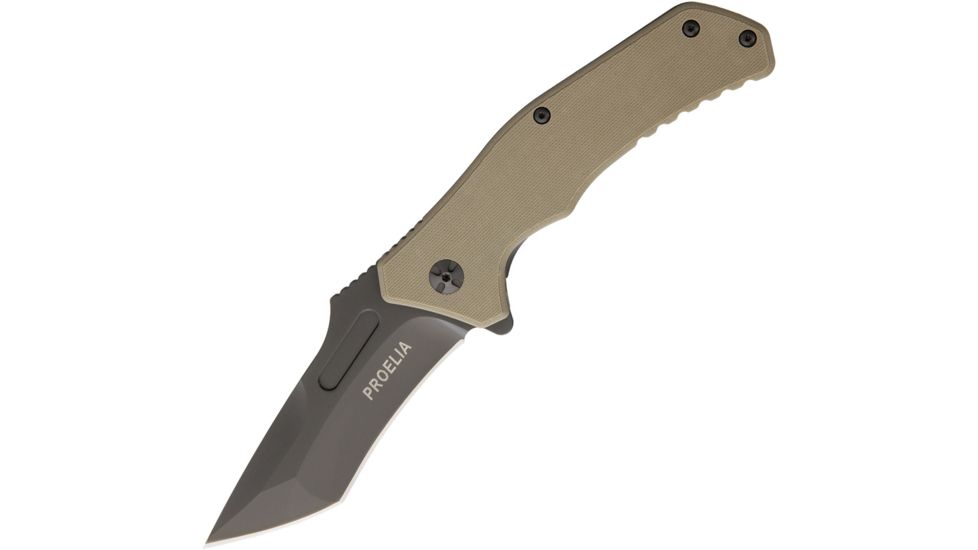 Proelia Linerlock Tan G-10 Folding Knife,3.75in,D2 Tool Steel,Standard Edge,Tanto,Tan,G10 Handle, TX030TG