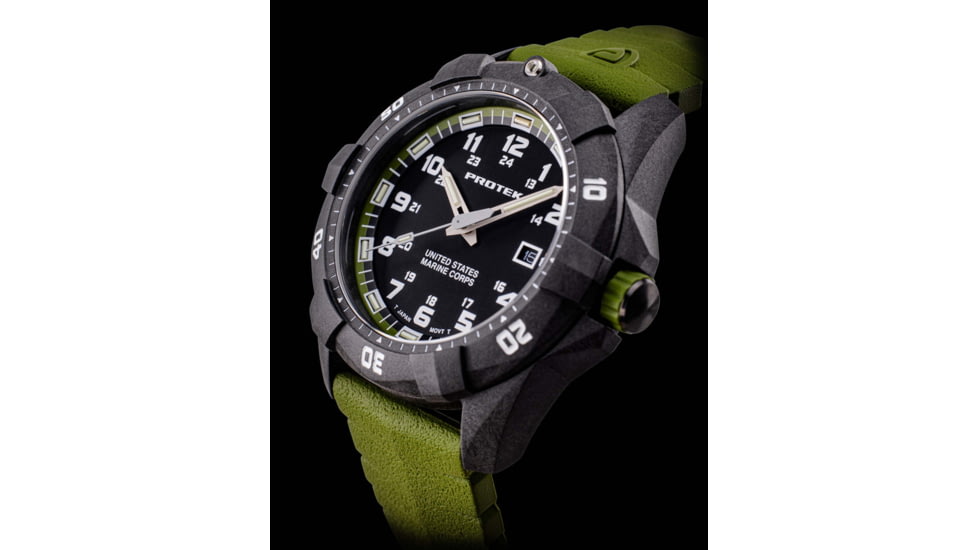 ProTek Carbon USMC Dive Watch, Carbon Case/Black&amp;Green Dial/Green Strap, One Size, PT1015G