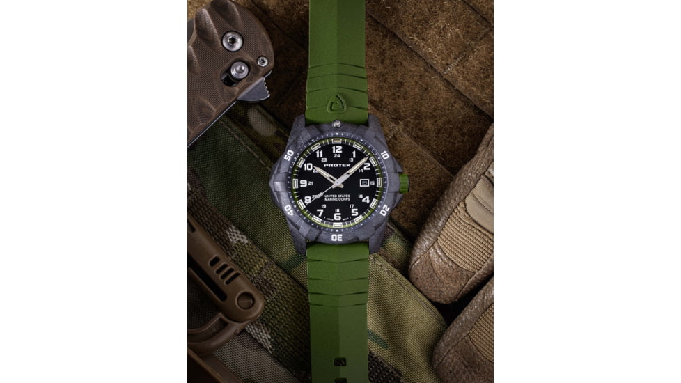 ProTek Carbon USMC Dive Watch, Carbon Case/Black&amp;Green Dial/Green Strap, One Size, PT1015G