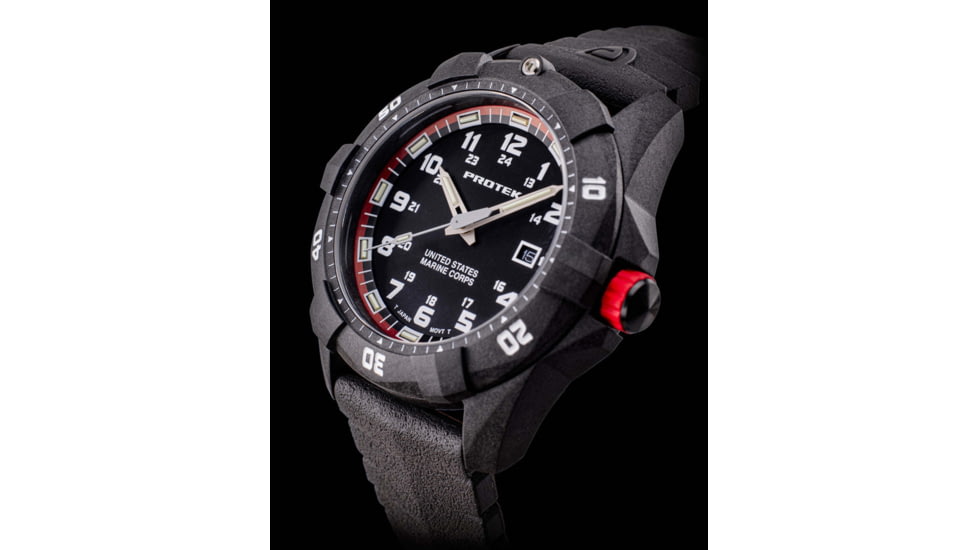 ProTek Carbon USMC Dive Watch, Carbon Case/Black&amp;Red Dial/Black Strap, One Size, PT1012