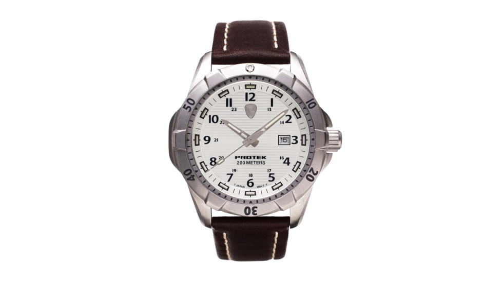 ProTek Steel Dive Watch, SS Case/White Dial/Dark Brown Strap, One Size, PT2005