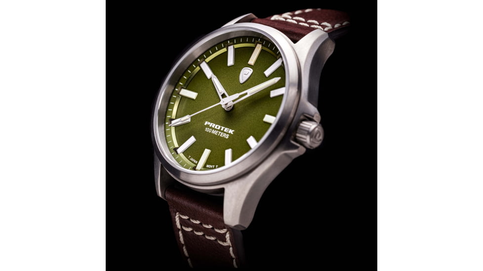 ProTek Titanium Field Watch, Titanium Case/Green Dial/Dark Brown Strap, One Size, PT3005