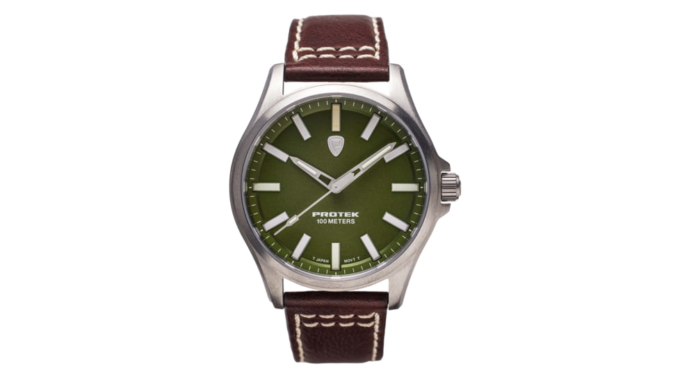 ProTek Titanium Field Watch, Titanium Case/Green Dial/Dark Brown Strap, One Size, PT3005