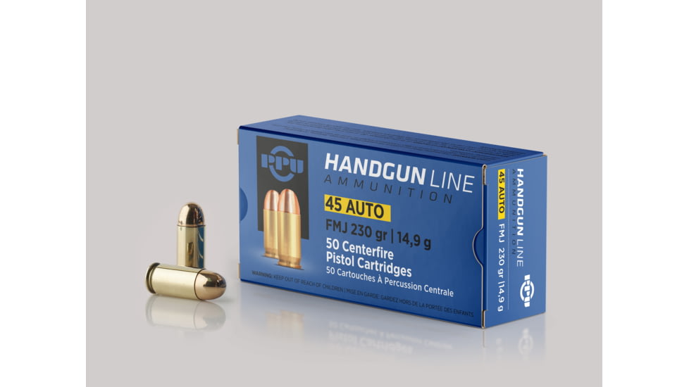 Prvi Partizan Ammunition, .45 Auto, 230 Grain, Full Metal Jacket, Brass Case, 50-Rounds, PPR43