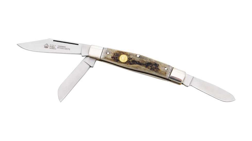 Puma Stockman Folding Knife,3.875in closed,Clip,Sheepsfoot and Spey Blade,Genuine Stag Handle PU410675