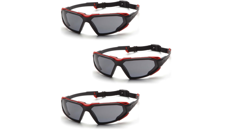 Pyramex Highlander Safety Glasses - Gray Anti-Fog Lens, Black-Red Frame, Pack of 3
