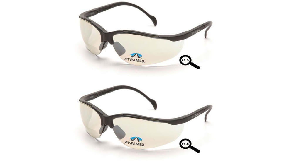 Pyramex V2 Readers Glasses - Indoor/Outdoor Mirror + 1.5 Lens, Black Frame, Pack of 2