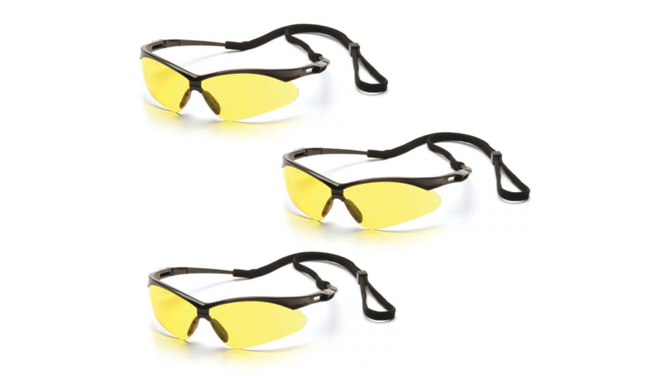 Pyramex Wildfire Safety Glasses - Black Frame/Amber Lens with Black Cord, Pack of 3