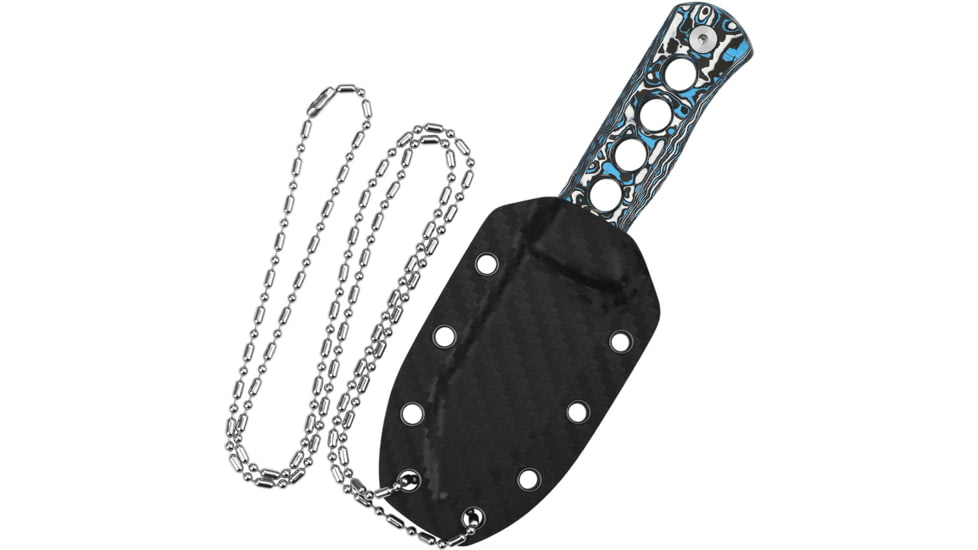 QSP Knife Canary Damascus Black Neck Knife, 5.25in Overall, 2.5in Damascus Steel Blade, Black/White/Blue Carbon Fiber Handle, Black Kydex Neck Sheath, QS141-I