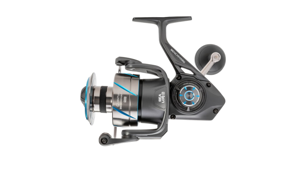 Quantum Benchmark Spinning Reel and Rod Combo, 9ft, 2-PC, Med-Heavy, Moderate-Fast Rod, Graphite Composite Blank, SZ 6000 Reel, 5+1 Bearings, 5.6-1 Ratio, Silver/Blue, BK6000902MH1530.P2